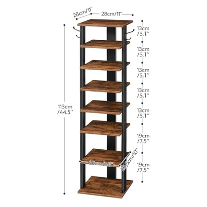 HOOBRO 8 Tiers Vertical Shoe Rack, Wooden Shoe Storage Organizer with Hooks, Narrow Shoe Tower for 8 Pairs, Space Saving, for Entryway, Living Room, Bedroom, Rustic Brown BF07XJ01G1
