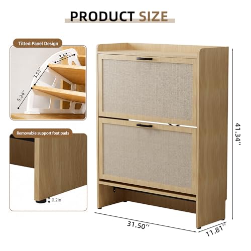 Shoe Storage Cabinet for Entryway, 2 Flip Drawers with 3-Tier Rack Each, 6-Layer Total Storage, Narrow Shoe Cabinet with Linen Panel, Slim Wood Shoe Organizer Closed Shoe Rack for Hallway,Small Spaces