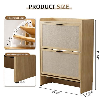 Shoe Storage Cabinet for Entryway, 2 Flip Drawers with 3-Tier Rack Each, 6-Layer Total Storage, Narrow Shoe Cabinet with Linen Panel, Slim Wood Shoe Organizer Closed Shoe Rack for Hallway,Small Spaces