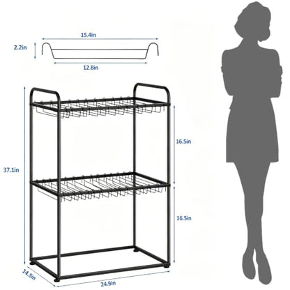 Freestanding Pants Rack Stand 2 Tier Black Pants Rack for Closet, Metal Trouser Rack with 26 Pant Hangers for Jeans, Scarves, Towels