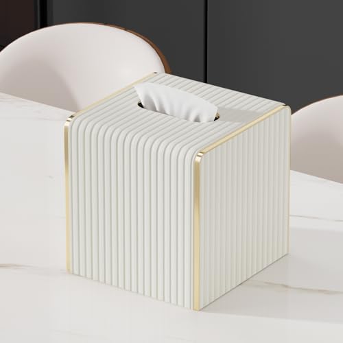 Tissue Box Cover,White Square Leather Tissue Box Holders with Gold-Tone Edging Decoration, Tissue Vessel for Bathroom Toilet Bedroom Living Room Table Desk Office,Modern Home Decor