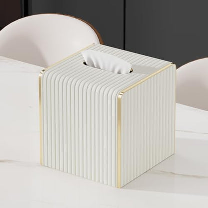 Tissue Box Cover,White Square Leather Tissue Box Holders with Gold-Tone Edging Decoration, Tissue Vessel for Bathroom Toilet Bedroom Living Room Table Desk Office,Modern Home Decor
