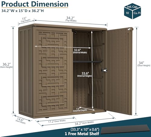HOMSPARK Indoor/Outdoor Storage Cabinet with Doors and Shelf, 34”x16”x36” HDPE Plastic Storage Box for Patio, Balcony, Multi-Purpose for Tools, Brown