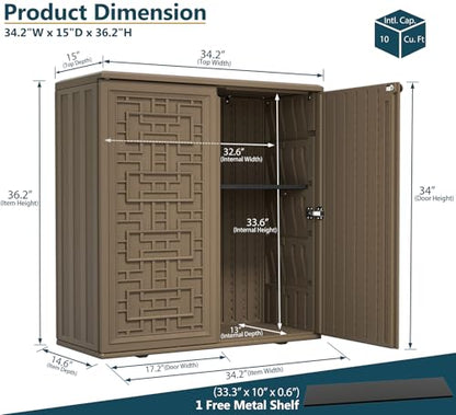 HOMSPARK Indoor/Outdoor Storage Cabinet with Doors and Shelf, 34”x16”x36” HDPE Plastic Storage Box for Patio, Balcony, Multi-Purpose for Tools, Brown