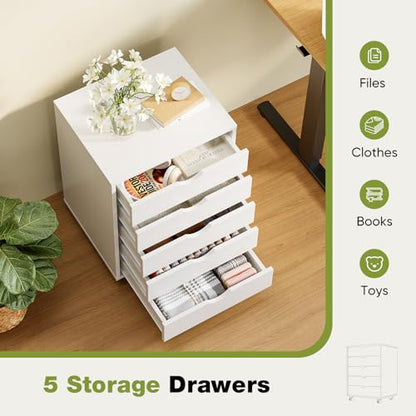 Sweetcrispy 5 Drawer Wooden Dresser, Storage Cabinets, Room Organization | Mobile Rolling Wheels, Vertical Organizer Chest, Home Office Bedroom Furniture, White Wood