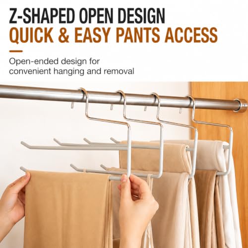 Pants Hangers for Closet, Open Ended 2 Tier Hanger with Space Saving Dual Layer Design, Non Slip PVC Coated Metal Construction, Closet Storage Solution for Pants, 10 Pack, Gray