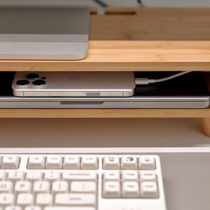 Bamboo Monitor Stand Riser with Drawer | Ergonomic Computer Riser for Desk with Cable Management & Storage Organizer, Wood Monitor Stand for Home Office