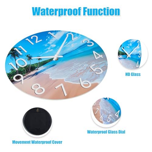 JoFomp Beach Outdoor Clocks for Patio, Large Outdoor Clocks Waterproof 14 Inch with Glass, Outdoor Wall Clocks Battery Operated, Pool Clock Outdoor Weatherproof, Outside Clock for Backyard/Garden