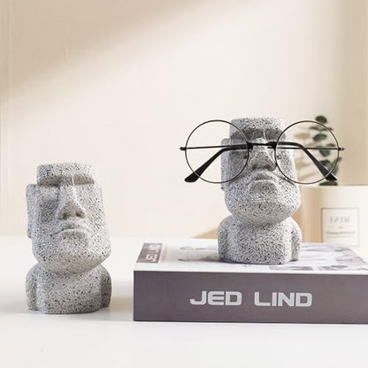 Moai Eyeglass Holder Stand Easter Island Stone Decoration Fun Glasses Holder Display Stands Modern Home Resin Sculptures Decorative Nightstand Home Office Desk Decor (Gray)
