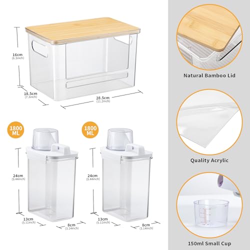 Trash Bag Dispenser Holder, 3-in-1 Laundry Detergent Dispenser Under Sink Organizer Box & Bamboo Lid, Clear Laundry Room Organization and Storage, Kitchen Garbage Bags Storage Container