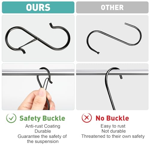 40 Pcs S Hooks for Hanging Heavy Duty, Metal S Hook with Safety Buckle | 3.5-inch S Hook for Hanging Plants, Suitable for 0.5 inch Rods, Purse Hooks, Perfect for Closet, Kitchen, Pot, Pan, Bags