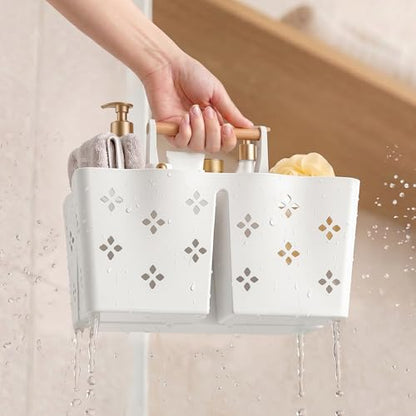 GVY Plastic Shower Caddy Portable, Large Capacity Shower Basket with Handle, Divided Bathroom Toiletry Organizer, Quick-Drain Shower Caddy for College Dorm Beach Kitchen Essentials, White.