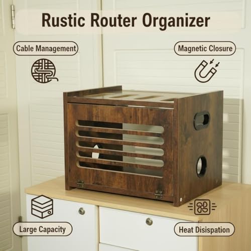 Wooden Router Box with Cable Management | WiFi Modem Storage Organizer Shelf with Ventilation Holes, Brown
