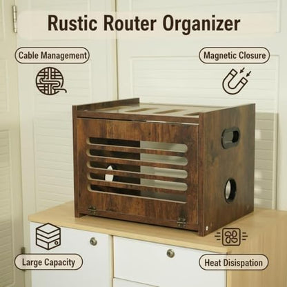 Wooden Router Box with Cable Management | WiFi Modem Storage Organizer Shelf with Ventilation Holes, Brown