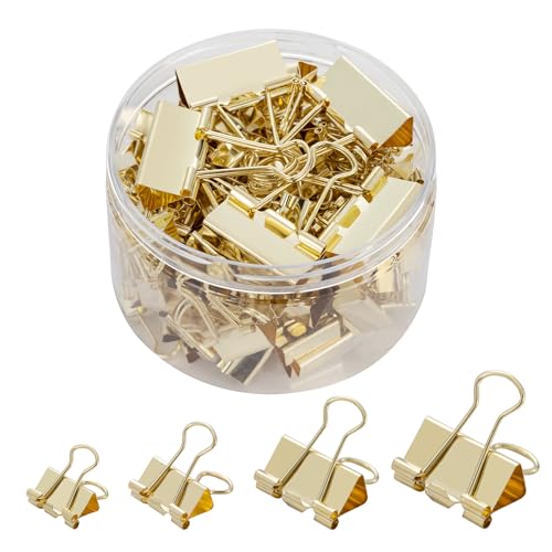Binder Clip Paper Clamps, Assorted Sizes (Mini, Small, Medium, Large), 100 Pcs Clips for Office School Supplies (Gold)