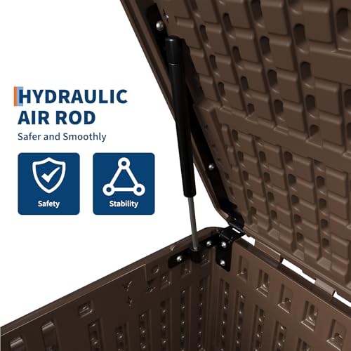 IDEALHOUSE 100 Gal Waterproof Blow Molded Resin Deck Box, Brown | Lockable Outdoor Storage Box with Hydraulic Piston & UV Resistant, Patio Cushion Container for Garden, Backyard, Pool
