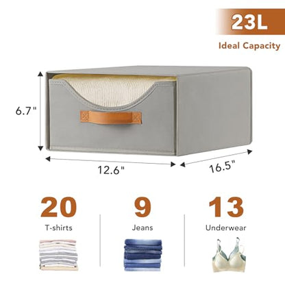 4 Pcs 16.5" Closet Drawers and Large Size Clothes Storage Bins Push-Out Storage Stackable Shelf Drawers with See-Through Window Closet Organizers for Bedroom, Living Room, Under Bed, Grey