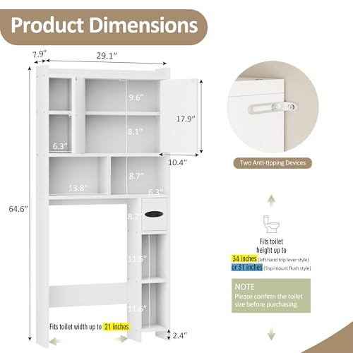 Over the Toilet Storage Cabinet, Freestanding Storage Cabinet Over Toilet, Bathroom Storages Organizer Cabinets with Toilet Paper Holder Stand and Adjustable Shelf, White
