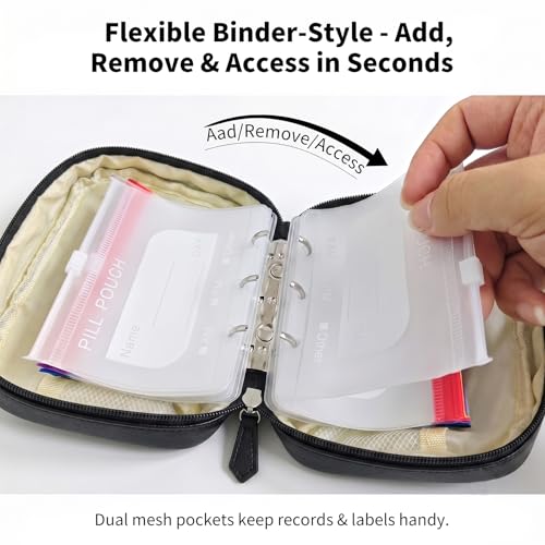 Waterproof Pill Organizer Set, 7-Day AM/PM Weekly Medication Case with 14 Pouches (7 Distinct Colors), Travel Waterproof Pill Pouch, BPA-Free Compact Zippered Storage Binder for Travel, Daily (Black)