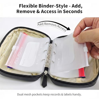 Waterproof Pill Organizer Set, 7-Day AM/PM Weekly Medication Case with 14 Pouches (7 Distinct Colors), Travel Waterproof Pill Pouch, BPA-Free Compact Zippered Storage Binder for Travel, Daily (Black)
