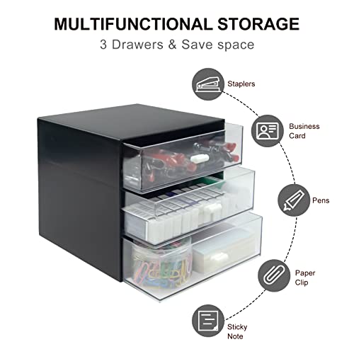 Desk Organizer with Drawer, Desk Storage Box (3 drawer, Black) | [Plastic Office Stationery Supplies Organizers] [Desktop Organizer for Office School Home ]