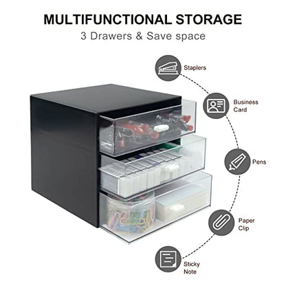 Desk Organizer with Drawer, Desk Storage Box (3 drawer, Black) | [Plastic Office Stationery Supplies Organizers] [Desktop Organizer for Office School Home ]