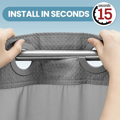 EUTXL 256GSM Heavyweight No Hook Waffle Shower Curtain, Grey, 71x74 | with Snap in Liner, Heavy Duty, Hotel Luxury Spa, Waterproof Fabric, Corner Magnets, 3 in 1 Set, Washable, Hang in Seconds