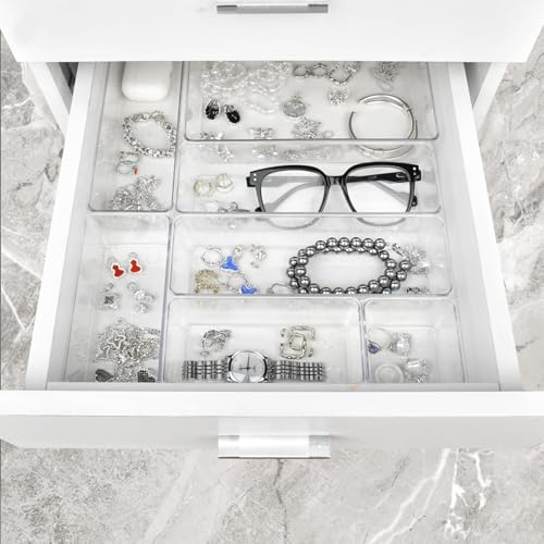 Manalete Drawer Organizers Set of 65, 4 Sizes Clear Plastic Drawer Organizers and Storage Bins for Kitchen, Bathroom, Office, Dresser Desk Drawer Organizer Tray for Jewelry, Makeup, Junk, Gadgets