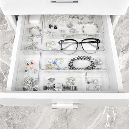 Manalete Drawer Organizers Set of 65, 4 Sizes Clear Plastic Drawer Organizers and Storage Bins for Kitchen, Bathroom, Office, Dresser Desk Drawer Organizer Tray for Jewelry, Makeup, Junk, Gadgets