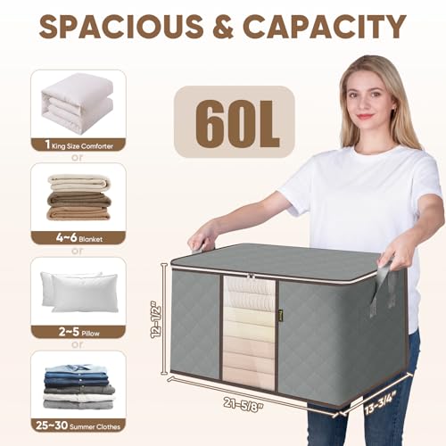 BALEINE 6 Pack Clothes Storage Bags, 16 Gallon Storage Containers with Reinforced Handle, Sturdy Zipper, Closet Organizer for Blanket, Comforter, Pillow, Bedding (Grey, 6 Pack)