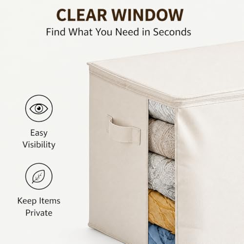 6Pack Canvas Storage Bags for Clothes & Comforters with Clear Window, Beige | 70L Large Capacity, Cotton Linen Fabric, Reinforced Handles, Foldable Design for King Comforters, Clothes and Blanket Storage