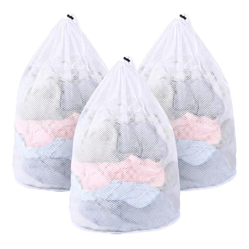 MADIKA 3 Pcs Mesh Laundry Bags for College, Dorm, Travel, Famliy and Apartment with Drawstring Closure Sturdy(White, 3 XX-Large)