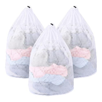 MADIKA 3 Pcs Mesh Laundry Bags for College, Dorm, Travel, Famliy and Apartment with Drawstring Closure Sturdy(White, 3 XX-Large)