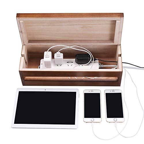 Changsuo Cable Management Box Wooden Cord Organizer Box for Extension Cord Power Stripe Surge Protector Wire Management Concealer Cover Hider for Desktop Home Office Kitchen (Brown)