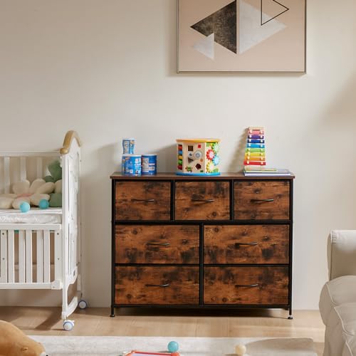 OLIXIS 7 Drawer Closet Organizer, Storage Tower with Sturdy Steel Frame | Dresser for Bedroom, Wooden Top & Easy Pull Fabric Bins, Clothes Organization, Living Room Entryway, Brown
