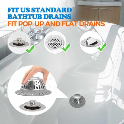 Drain Hair Catcher - Bathtub Drain Cover, Hair Stopper for Bathtub Drain, 304 Stainless Steel Drain Protector and Hair Trap for Flat & Pop-up Drains, Silver Gray