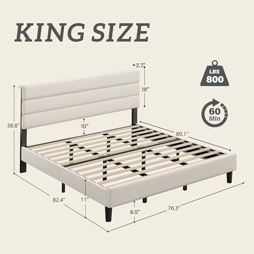 King Size Bed Frame, Platform Bed Frame with Velvet Upholstered Headboard, No Box Spring Needed, Sturdy Metal Support, Noise Free, Easy Assembly, Beige