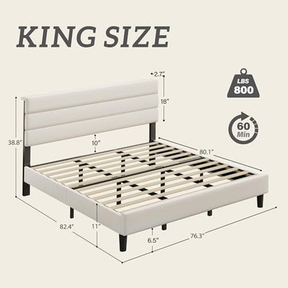 King Size Bed Frame, Platform Bed Frame with Velvet Upholstered Headboard, No Box Spring Needed, Sturdy Metal Support, Noise Free, Easy Assembly, Beige