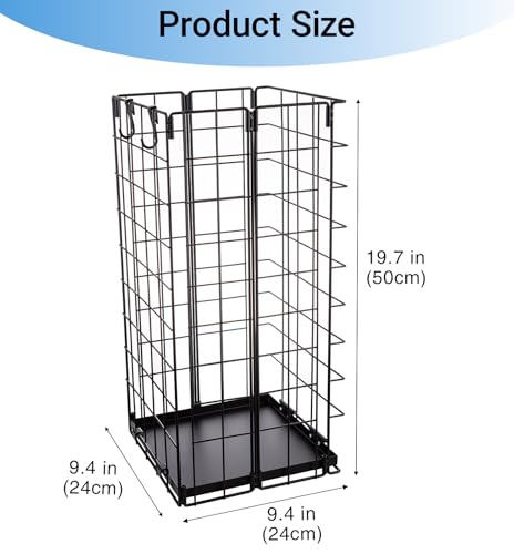 Umbrella Stand, Umbrella Holder for Entryway, Large Metal Foldable Umbrella Rack Organizer Freestanding, with Water Tray and Hooks, Rectangular Hollow Rack 9.5 x 9.5 x 19.7 Inches (Black)