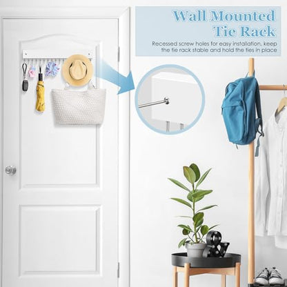 Tie Rack Belt Hanger Wall Mounted Tie Organizer White 2 Pack | Wooden Tie Hangers, 180° Swivel with 18 Hooks, Non Slip, Wrinkle-Free, Easy Access, Space Saving Holder for Tie Belts Scarves