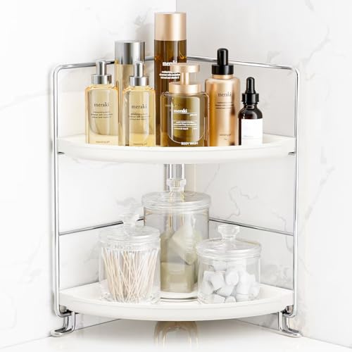 FSyueyun 2-Tier Corner Bathroom Counter Organizer, Vanity Tray, Silver | Plastic Bathroom Organizer Countertop for Skincare, Perfume, Makeup, Tool-Free Assembly, Small Bathroom Corner Tray Shelf