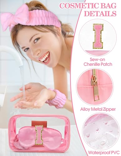 Initial Makeup Bag with Makeup Brush Set Party Favors Gifts for Women Girls | Pink Spa Kit with Skincare Headbands Wrist Bands Sleepover Bachelorette Party Supplies Gifts for Teen Girls Bridesmaid I