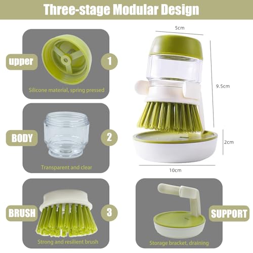 Soap Dispenser with Dish Brush and Storage Bracket, Easy to Clean Kitchen Utensils and Sink, Gray