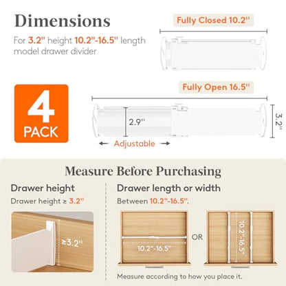 Lifewit 3.2" High Drawer Dividers for Clothes, Adjustable Drawer Organizers | 10.5"-16.5" Expandable Plastic Separator for Dresser, Kitchen, Cabinet, Closet, Nursery, Socks & Underwear Storage, 4 Pack