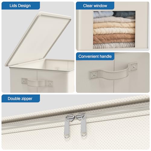Zilink Fabric Storage Bins with Lid Sweater Closet Organizer, Beige,4 Pack | Stackable, Smooth Zipper, Clear Window, Cloth Storage Bins, Closet Organizers and Storage Box for Home, Office, Bedroom