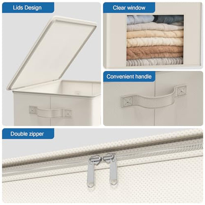 Zilink Fabric Storage Bins with Lid Sweater Closet Organizer, Beige,4 Pack | Stackable, Smooth Zipper, Clear Window, Cloth Storage Bins, Closet Organizers and Storage Box for Home, Office, Bedroom
