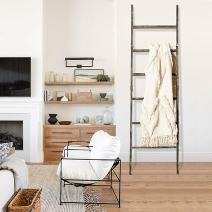 Blanket Ladder 6-Tier Washed Black, Rustic Towel & Quilt Display Rack | rustic black ladder for living room, bedroom or bathroom. Holds quilts, towels & blankets. Sturdy 6-tier wood. Easy assembly