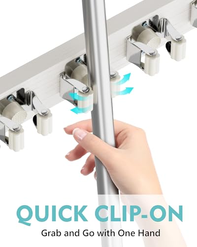 Mop and Broom Holder Wall Mount, No Drill Over the Door, White | 4 Slots & 4 Hooks, No Drill Setup, Wood and Metal Build, EVA Protection Pads, Secure Grip, Laundry Garage Closet Kitchen Use