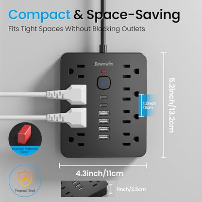 Surge Protector Power Strip, 8 Outlets(1850W/15A/14AWG), 6 USB Charging Ports(2 USB C), 6FT Flat Plug Extension Cord Outlet Extender with Overload Protection, ETL Certified for Office
