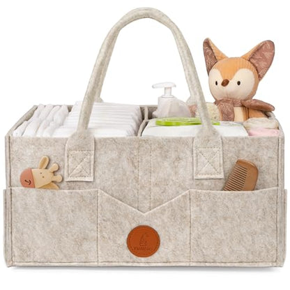 Maliton Felt Diaper Caddy Organizer for Changing Table - Large, Khaki | 15x9x7" Portable Nursery Storage Bin and Car Organizer for Diapers, Wipes. Boy & Girl Shower Gift Basket, Baby Essentials